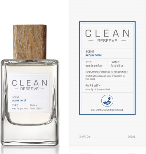 En parfyllflaska och en kartong med blå och vita etiketter, som betonar en naturlig och miljövänlig doft som acqua neroli.