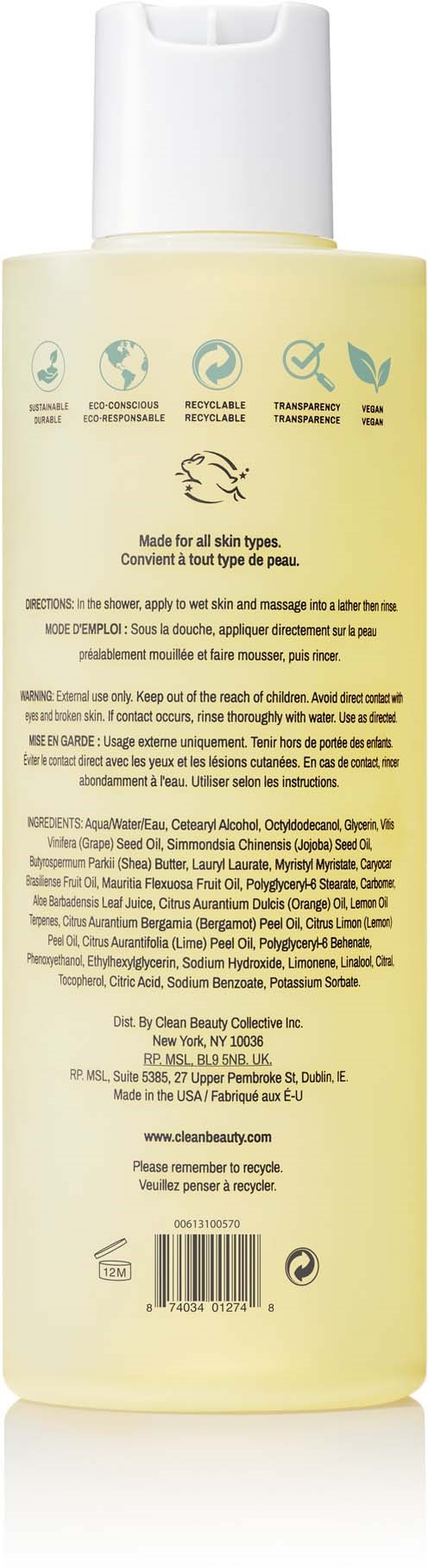 Bagsiden af en flaske med produktinformation og symboler, der viser miljøvenlighed og ingredienser.