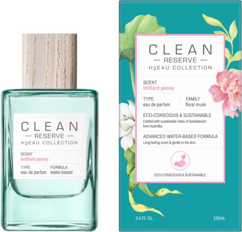 En parfyllflaska och en box med blommönster, kallad 'Clean Reserve H2O Eau Collection,' doftande 'brilliant peony,' miljövänlig.