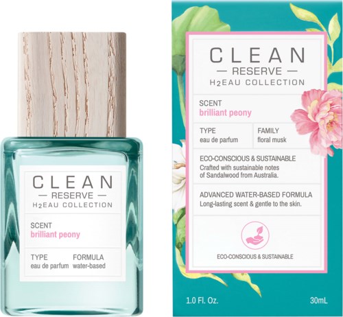 En parfymflaska och box från 'CLEAN RESERVE'-kollektionen, doftande 'brilliant peony', miljövänlig och vattenbaserad.