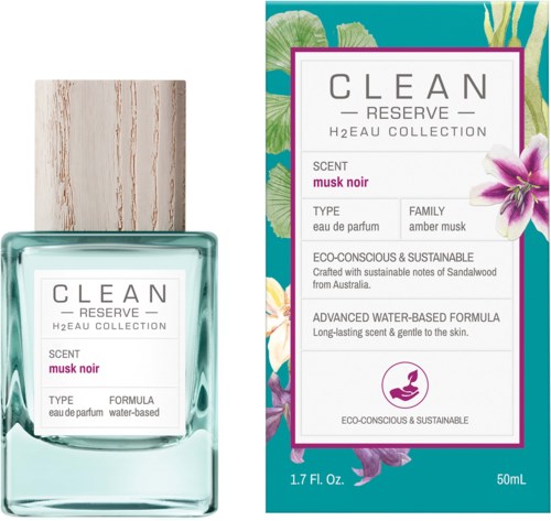 A perfume bottle labeled 'CLEAN RESERVE H2 Eau Collection' with floral design details and a matching box.