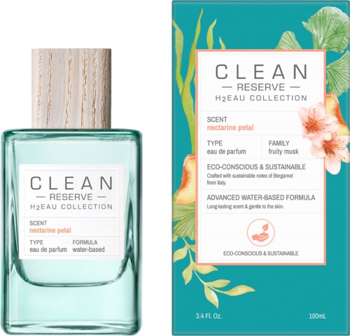 En parfymflaska och förpackning med blommor och gröna blad på design, märkt 'Clean Reserve H2o Collection, nectarine petal scent.'