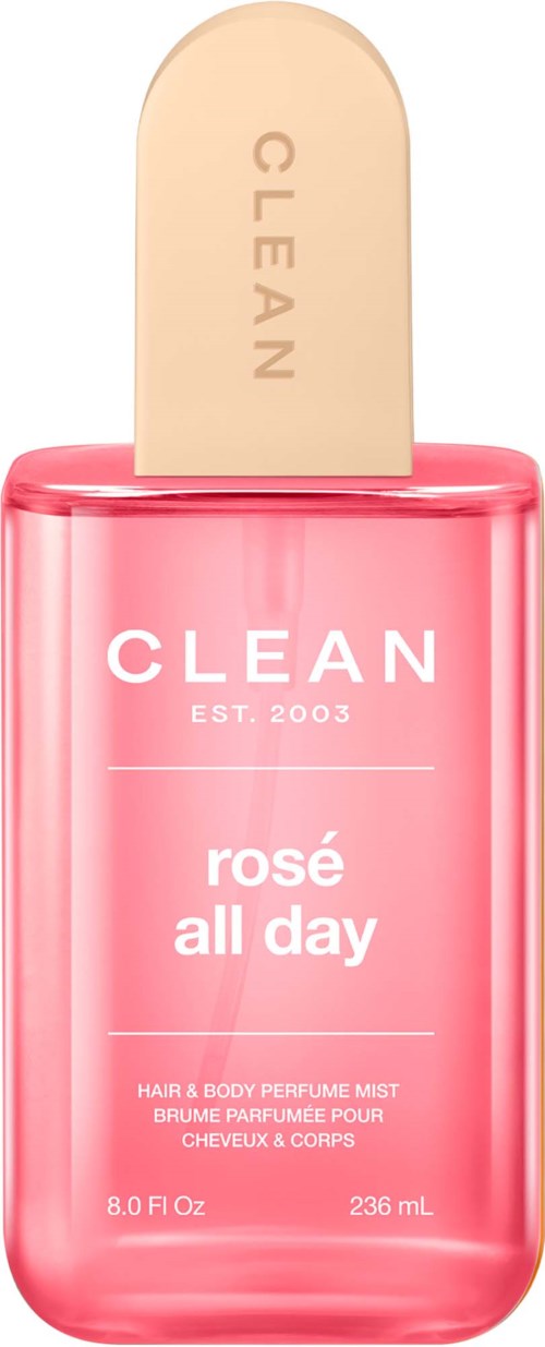 Różowa butelka spray z napisem Clean Rosé All Day i beżowym kapslem, przeznaczona do włosów i ciała.