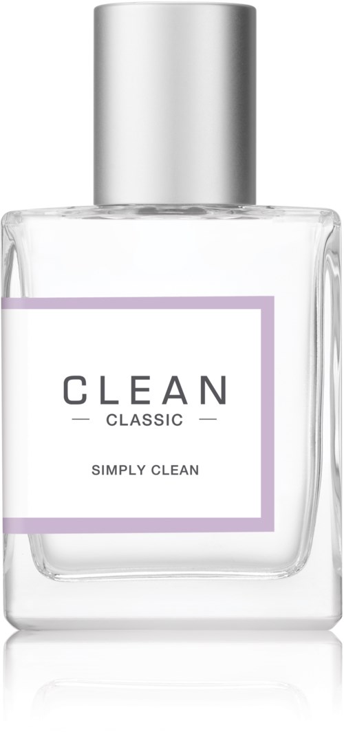 En klar flaska med silverlock och märket 'CLEAN CLASSIC SIMPLY CLEAN' i enkel design.