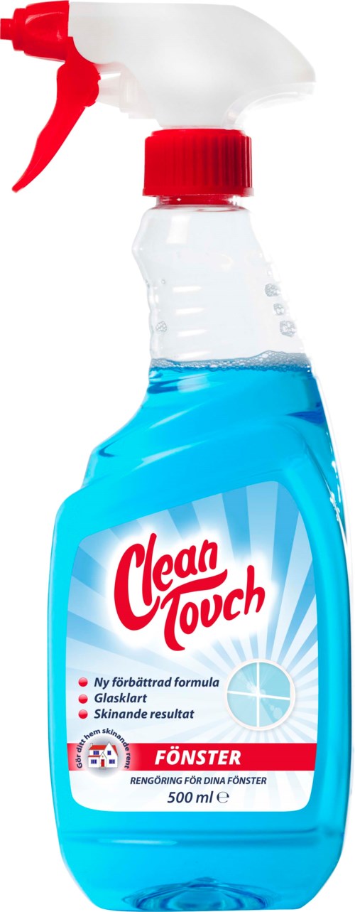A spray bottle of blue window cleaner with red and white label and nozzle.
