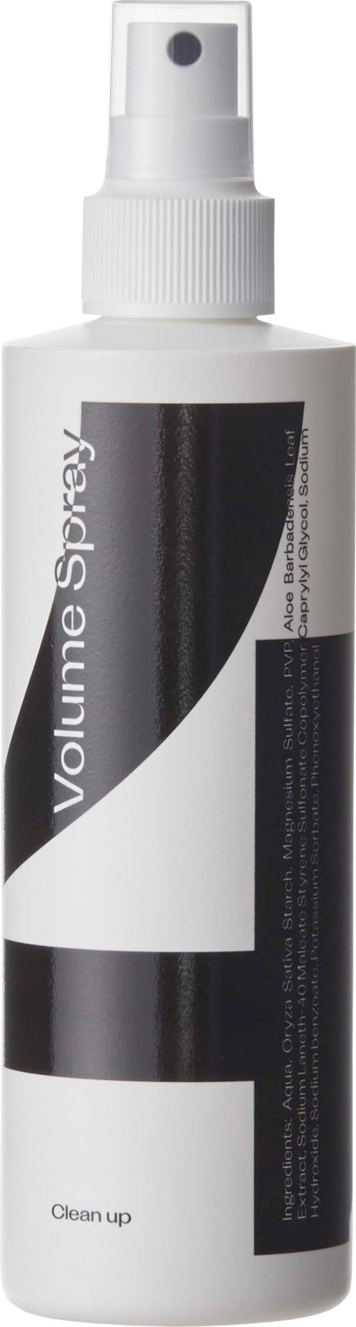 En vit sprayflaska med svart och grå design, märkt 'Volume Spray' och 'Clean up'.