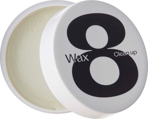 En vit behållare med en stor svart siffra 8 och orden 'Wax' och 'Clean up' på locket.