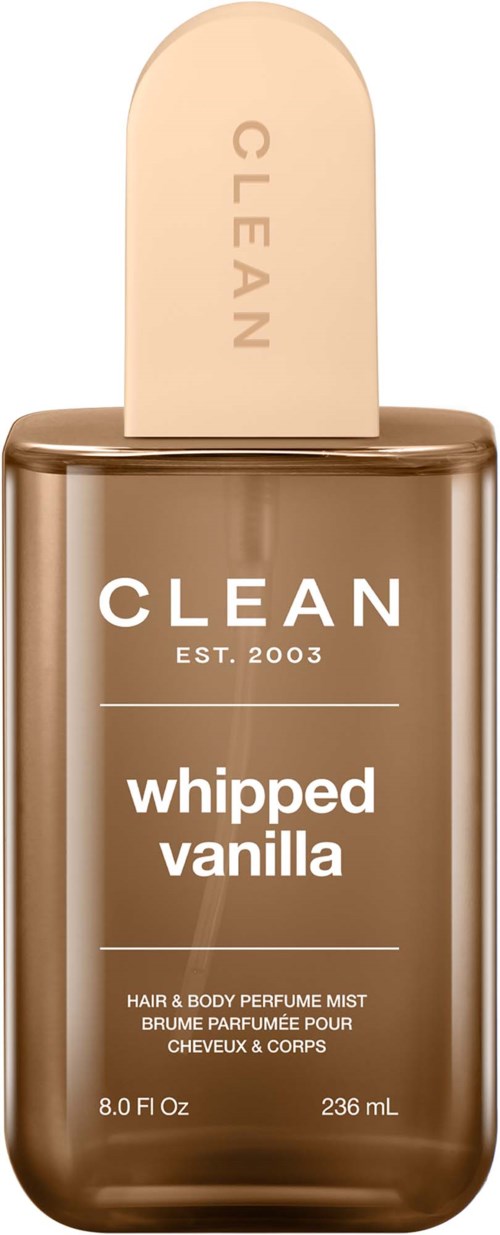 Eine braune Flasche mit dem Duft Whipped Vanilla für Haare und Körper, mit beigem Deckel und CLEAN-Logo.