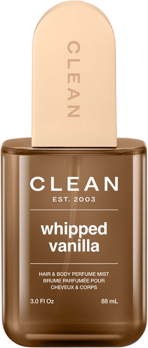 Eine braune Flasche mit Whipped-Vanilla-Duft Haar- und Körperspray mit beige Kappe, auf der steht CLEAN.