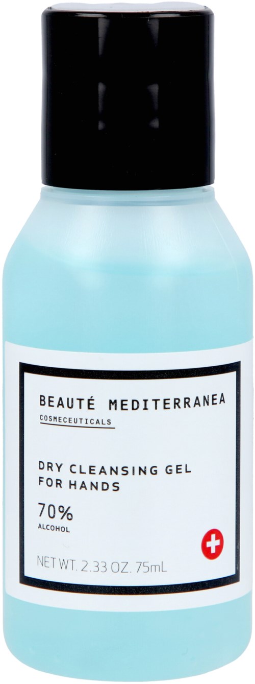 En liten ljusblå flaska med svart lock märkt 'Dry Cleansing Gel for Hands, 70% alcohol'.