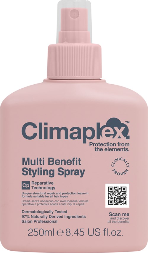 Rote Flasche mit Climarex Multi Benefit Styling Spray, 250ml, mit Sprühkopf und QR-Code.