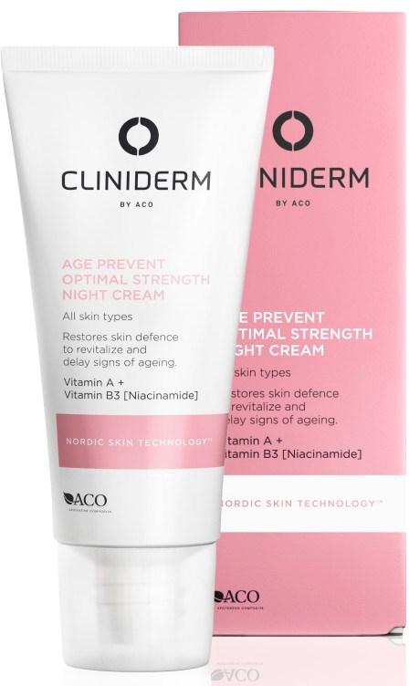 En vit tub med nattkräm och en rosa förpackning bakom, båda märkta Cliniderm av ACO, för hudskydd och förnyelse.
