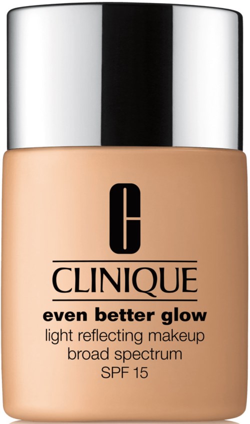 En flaske med Clinique foundation med sølvhette, merket 'even better glow' for lysreflekterende sminke.