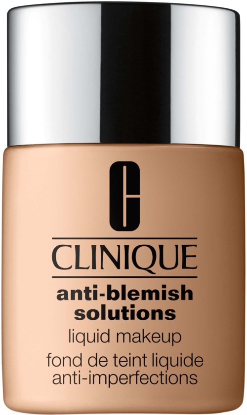 En beige flaska med Clinique flytande makeup med ett silverlock och svart text som säger "anti-blemish solutions."