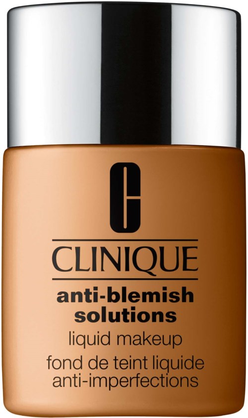 En flaska Clinique anti-blemish flytande makeup med silverlock och beige etikett.