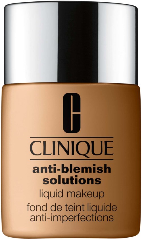 En flaska Clinique anti-blemish flytande makeup med silverlock och beige burk. Etiketten säger att den hjälper mot imperfektioner.