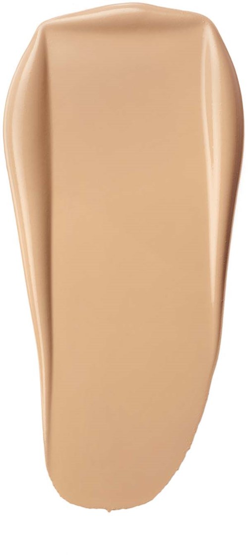 En beige flytande foundation med en slät, något böjd yta i en flaska.