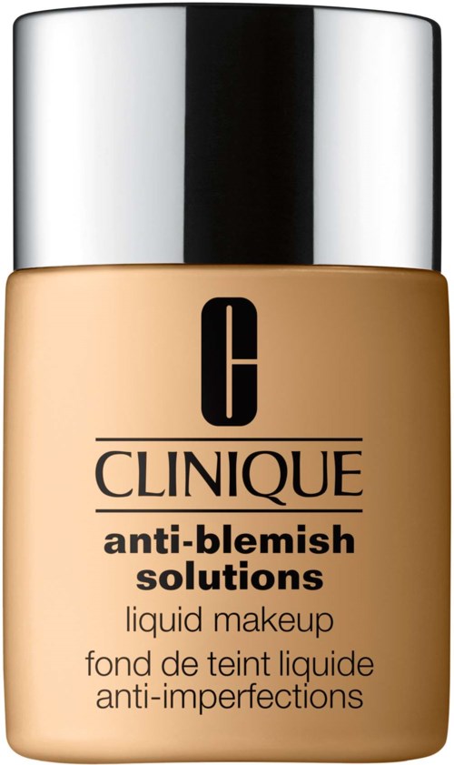 Clinique-vedellinen meikkipullo nimeltä anti-blemish solutions, beigen värinen hopeisella kannella.