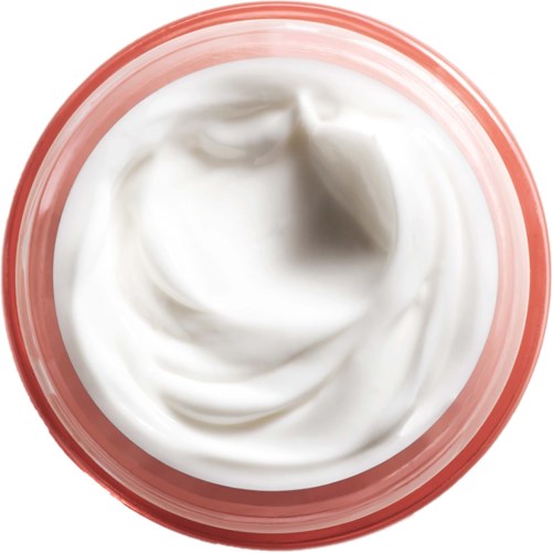 En rund behållare fylld med vit, krämig yoghurt eller liknande, sett ovanifrån.