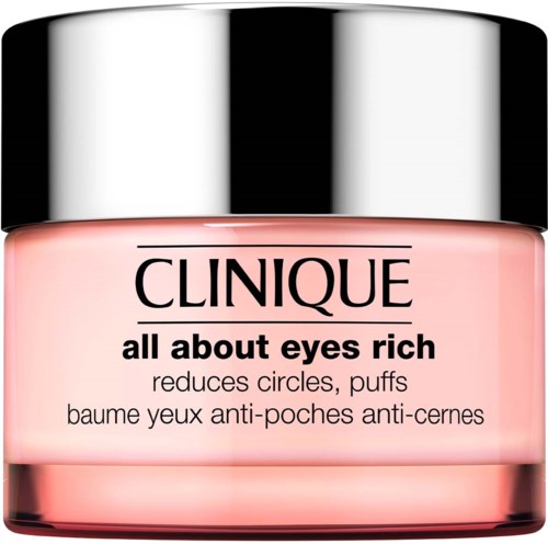 Clinique all about eyes rich oogcrème pot met roze inhoud en zwarte en zilveren deksel.