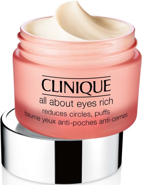 Clinique All About Eyes Rich oogcrème in een roze pot met een zilveren deksel.