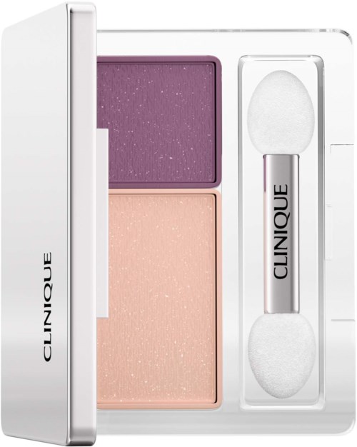 En Clinique makeuppalett med två rougefärger och en dubbeländad svampapplikator.