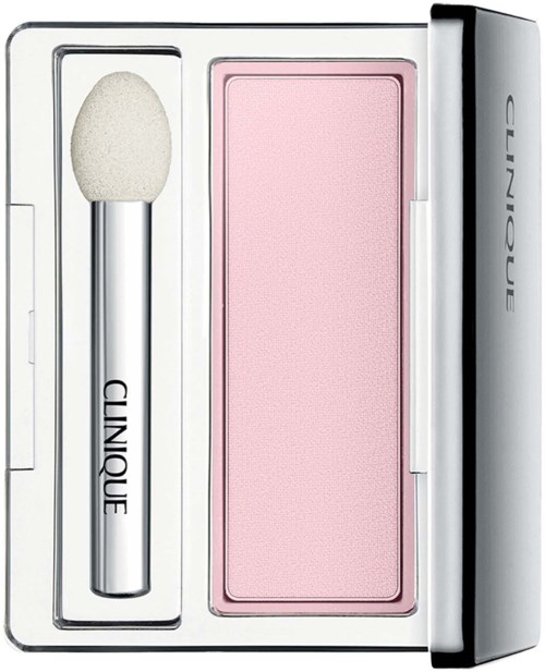 Ein rosa Make-up Rouge und ein Schwammapplikator in einem weißen Kompakt. Marke "CLINIQUE."