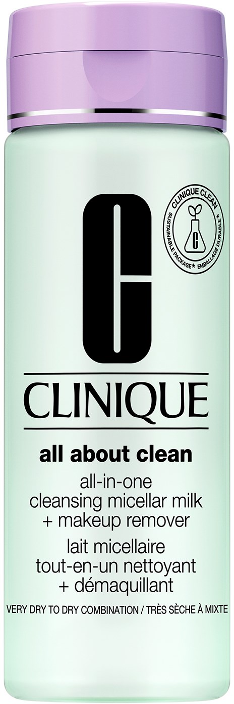 En cylinderformad flaska med lila lock, märkt 'Clinique all about clean' för makeupborttagning och rengöring.