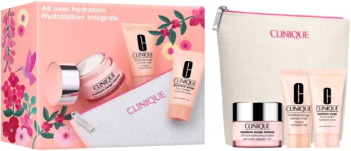 En Clinique hudvårdsset med krämer, en väska och lysande blomsterförpackning för återfuktning.