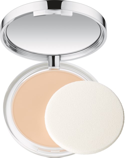 Ein Kompakt mit Spiegel, beige Foundation und einem runden Schwämmchen zum Auftragen.
