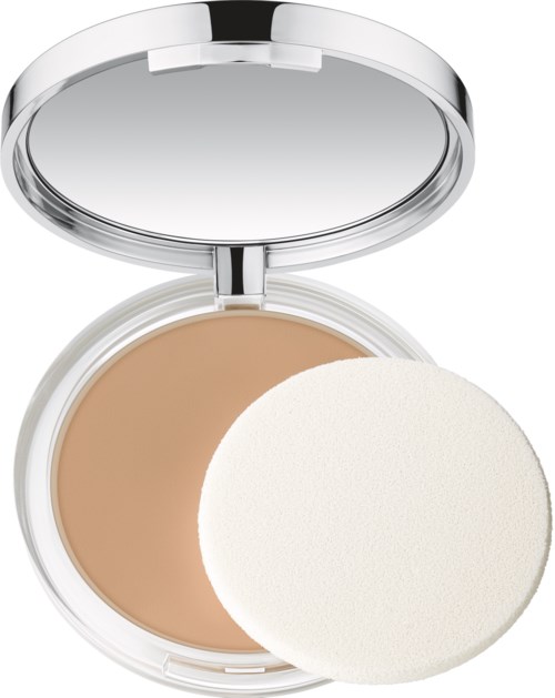 En liten spegel med beige puder och en vit svamp inuti. Spegeln är öppen och glänsande.