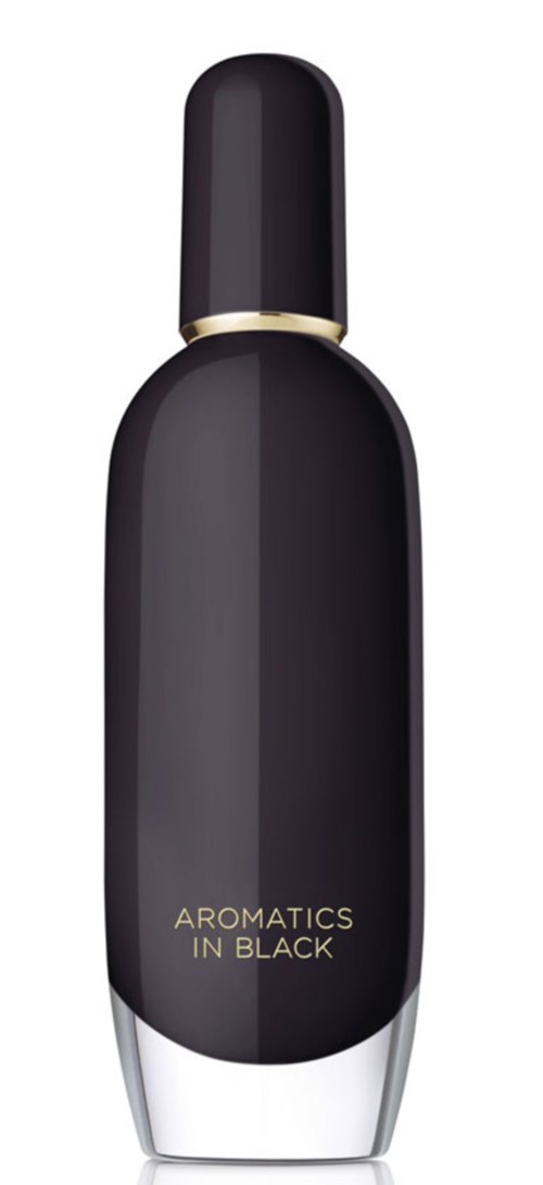 En svart parfymeflaske med elegant design og gulldetaljer, merket 'Aromatics in Black' nederst.