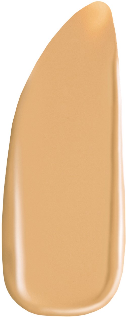 En beige makeup-svamp med afrundede kanter står oprejst.
