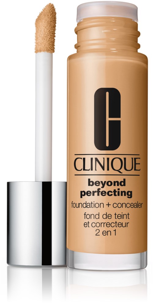 Clinique Beyond Perfecting foundation and concealer in a beige bottle with a white applicator.