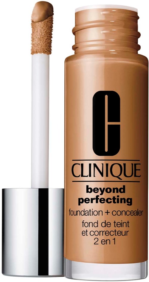En flaske Clinique Beyond Perfecting foundation og concealer med applikator.