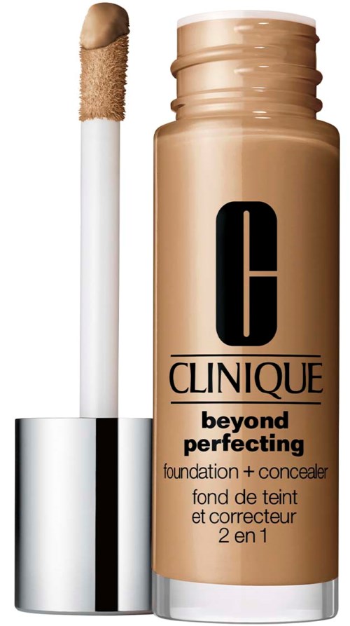 En flaske Clinique Beyond Perfecting foundation og concealer med applikator.