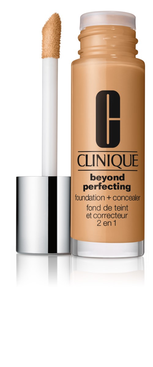 A beige bottle with a white cap and an applicator wand, labeled Clinique Beyond Perfecting foundation and concealer.