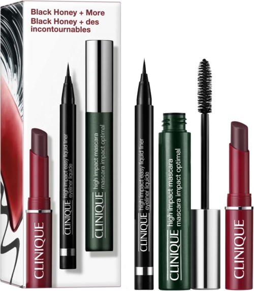 En æske med Clinique mascara, eyeliner og læbestift. Produkterne er sorte, grønne og pink med hvide baggrunde.