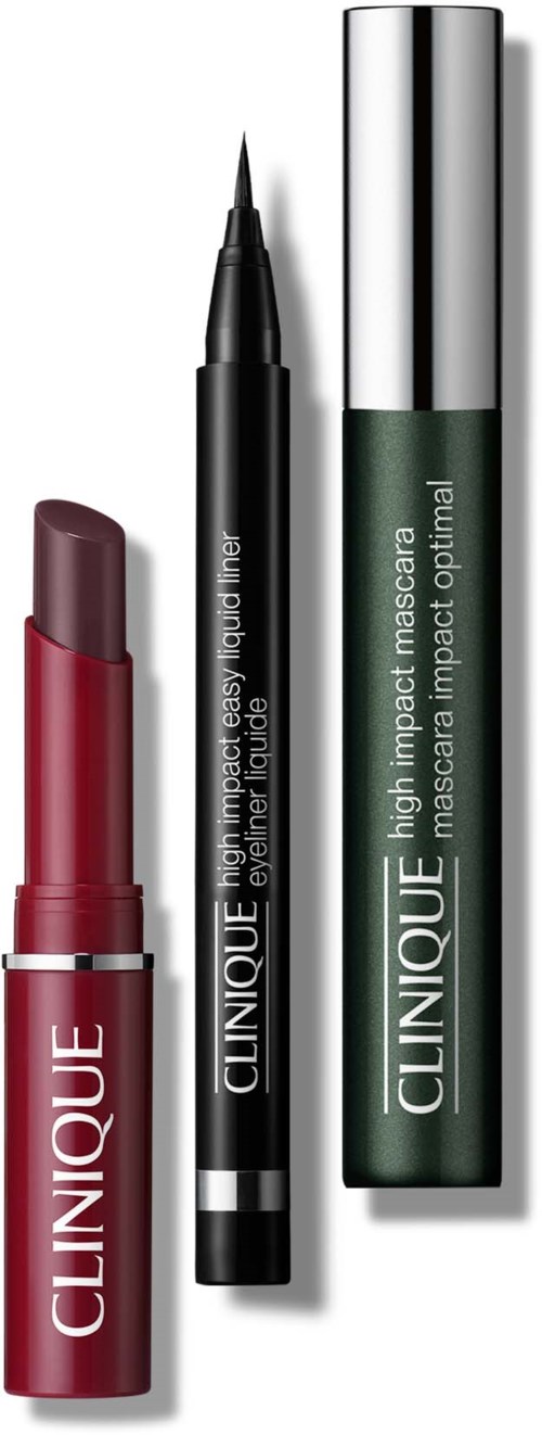 Tre makeupprodukter: en rød læbestift, en sort eyeliner pen og en grøn mascara.