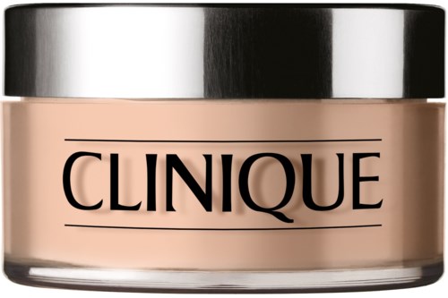 En rund behållare för Clinique makeup med silver- och svartlock. Etiketten är enkel med varumärket i fet stil.