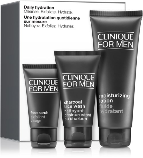 Tre Clinique for Men hudvårdsprodukter: ansiktsscrub, kol-ansiktstvätt och återfuktningslotion. Boxen säger daglig återfuktning.