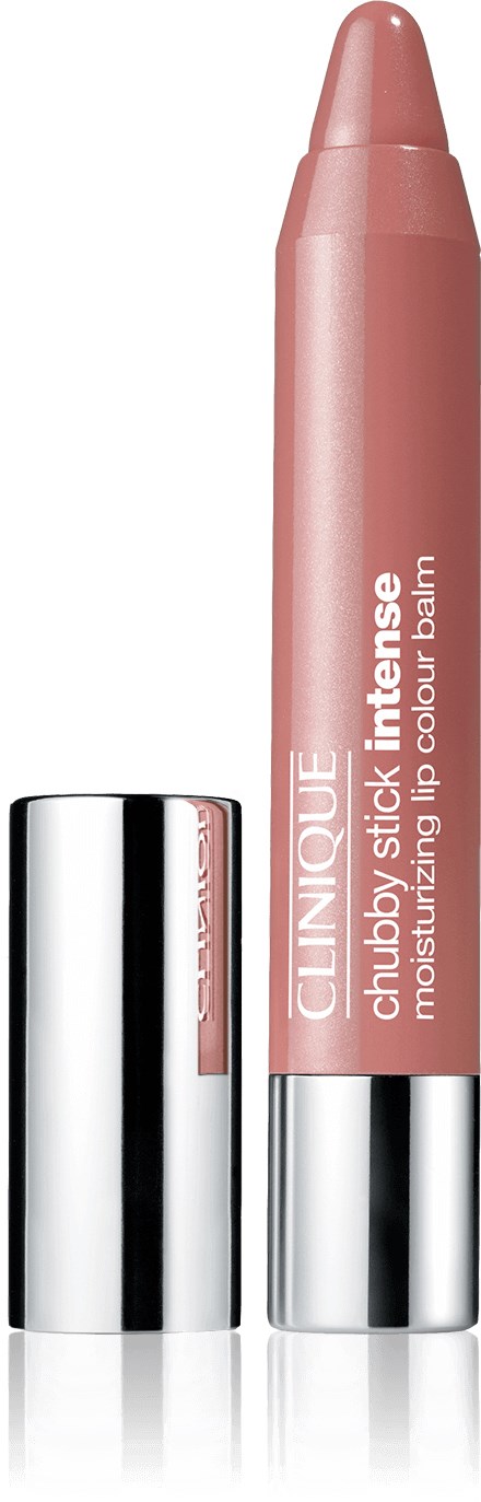 A pink Clinique Chubby Stick with a silver cap, designed for moisturizing color. The cap is removed, showing the stick.