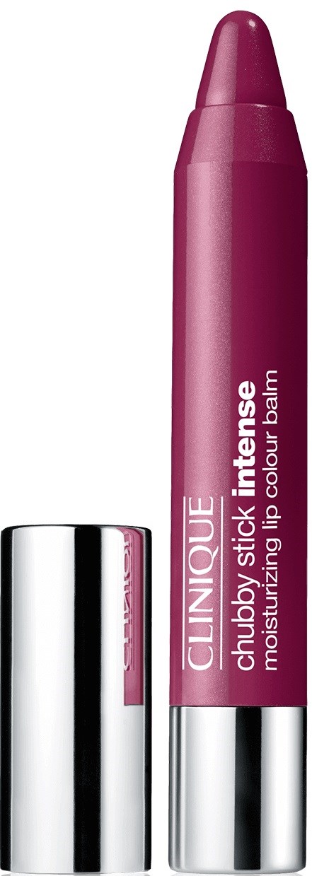 Een roze lippenbalsemstift met een zilveren dop, gemarkeerd Clinique Chubby Stick Intense hydraterende lipkleurbalsem.