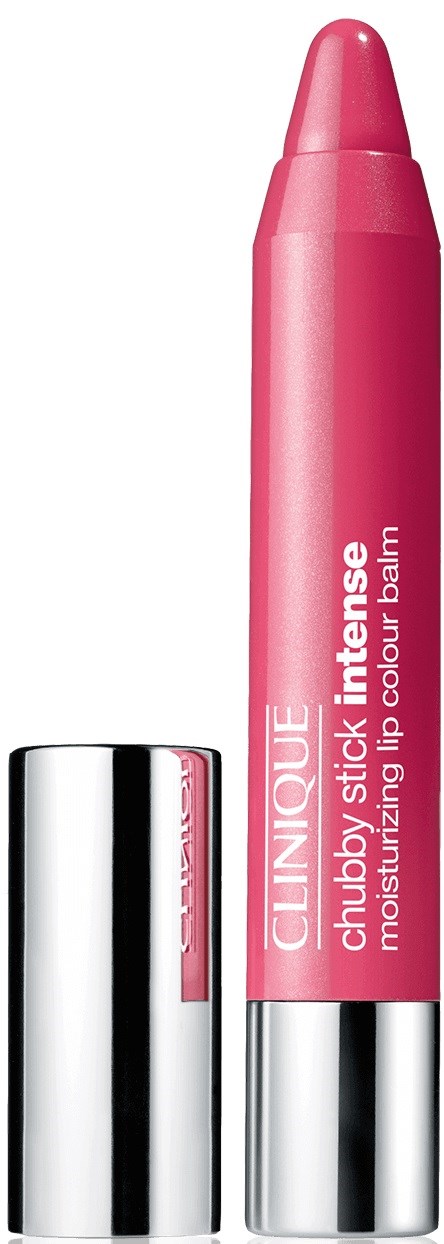 Een roze lippenbalsem tube met een glanzende zilveren dop en merknaam "Clinique".