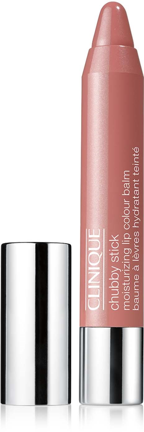 Rosa leppebalm i stift med sølvdekse, merket Clinique Chubby Balm for lepper.