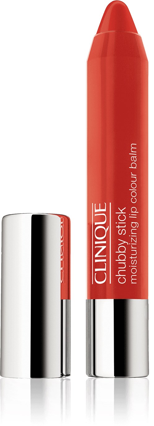 En röd läppbalsamstift med silverfärgad hatt, märkt Clinique Chubby Stick Moisturizing Lip Colour Balm.