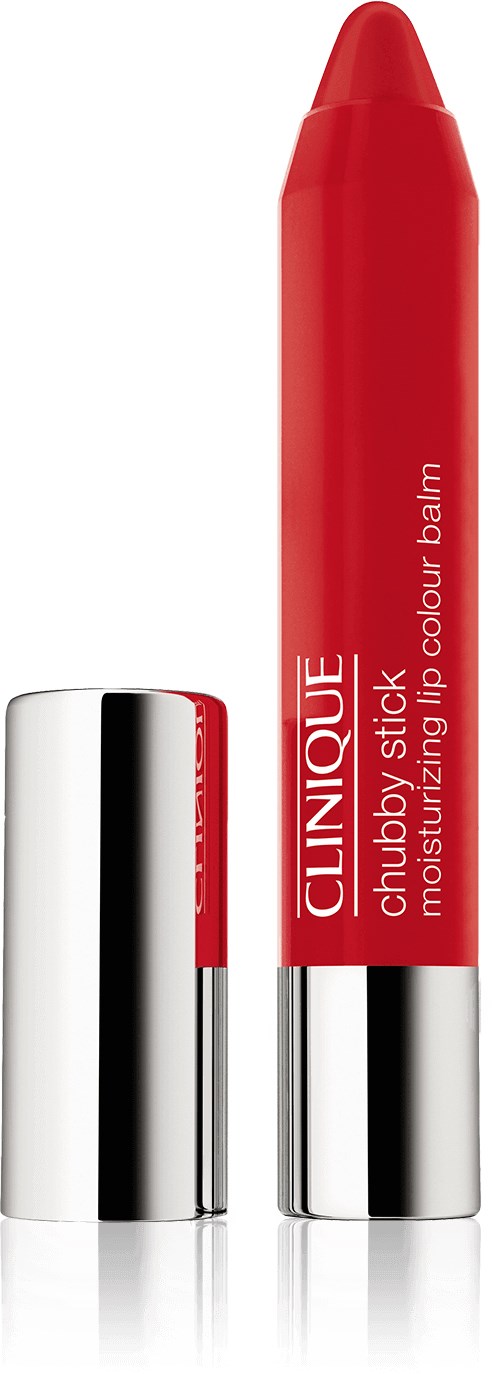 Röd läppstiftstift med silverhatt, märkt 'Clinique Chubby Stick Moisturizing Lip Colour Balm'.
