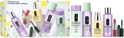 En samling med Clinique hudpleie- og sminkeprodukter, inkludert flasker, rør, leppestifter og en makeupbørste.