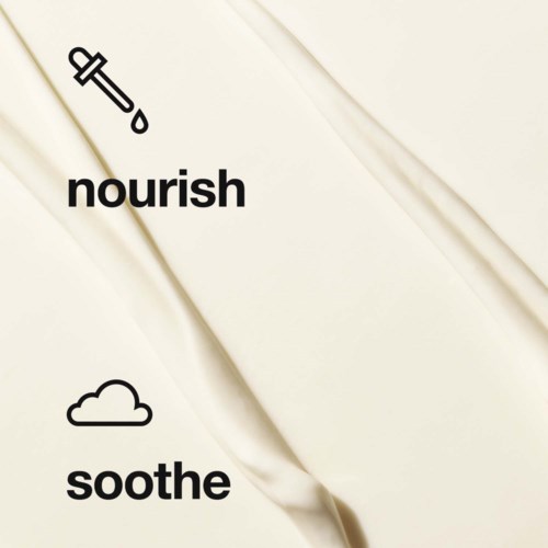 To ord: nourish og soothe, med ikoner av en dråpetapp og sky over hvert ord.