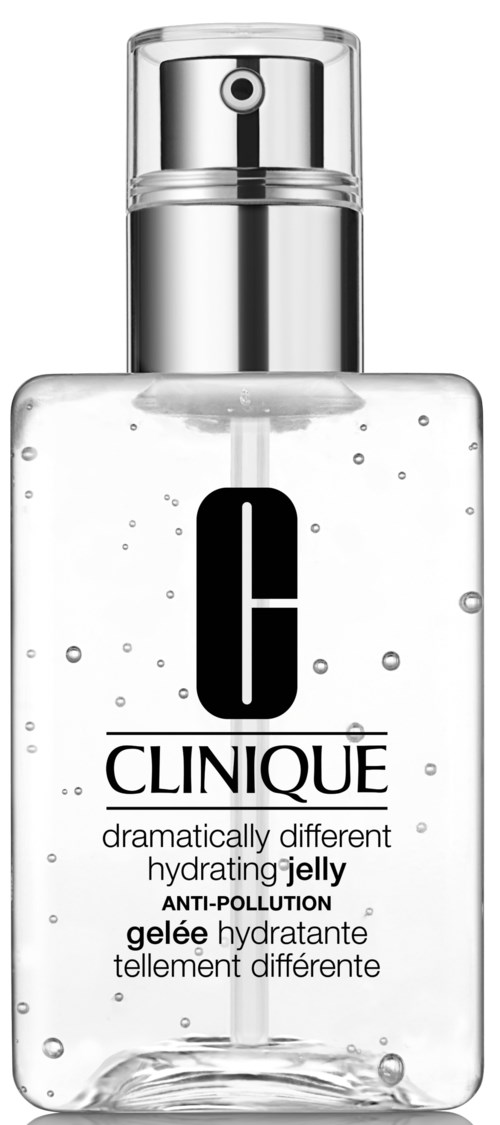 A clear bottle with a pump, containing gel with bubbles, labeled Clinique Hydrating Jelly for skin hydration.